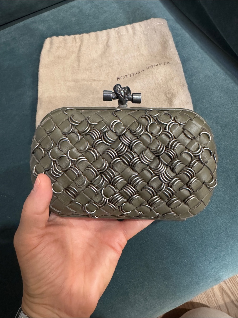 Vintage Bottega Veneta Grey Intrecciato Knot Minaudiere Clutch